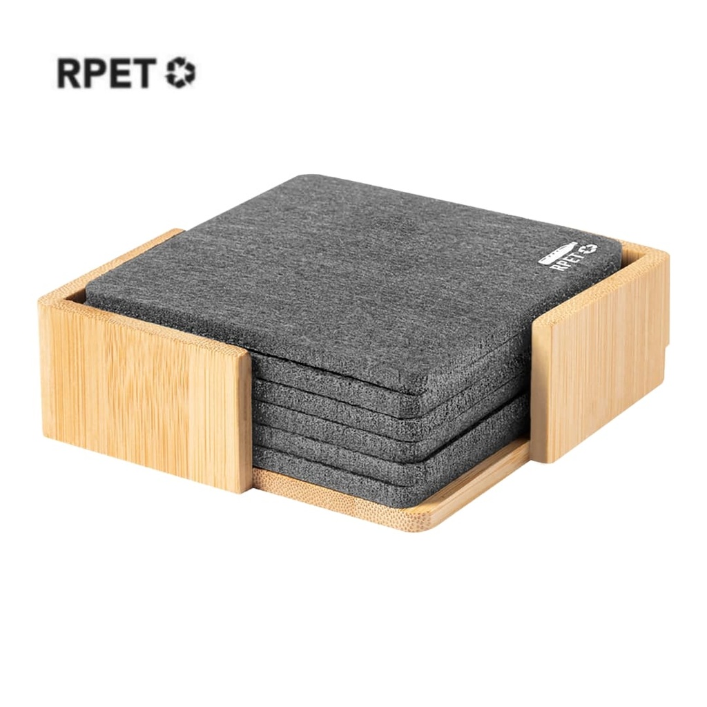[CSEN 9112] LAAX - eco-neutral RPET Set of 6 Felt Coasters with Bamboo Stand (1)